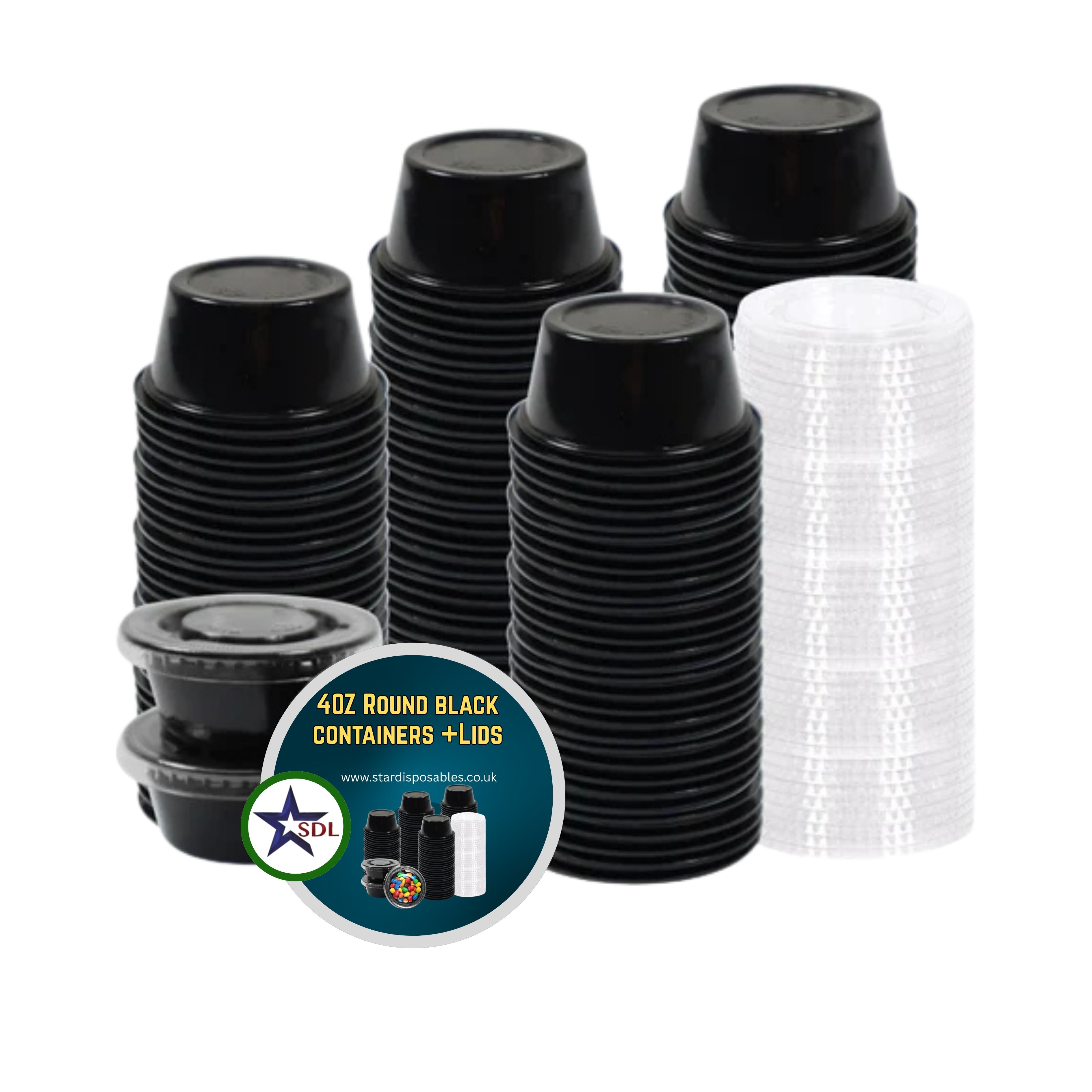 4OZ ROUND BLACK CONTAINERS+LIDS