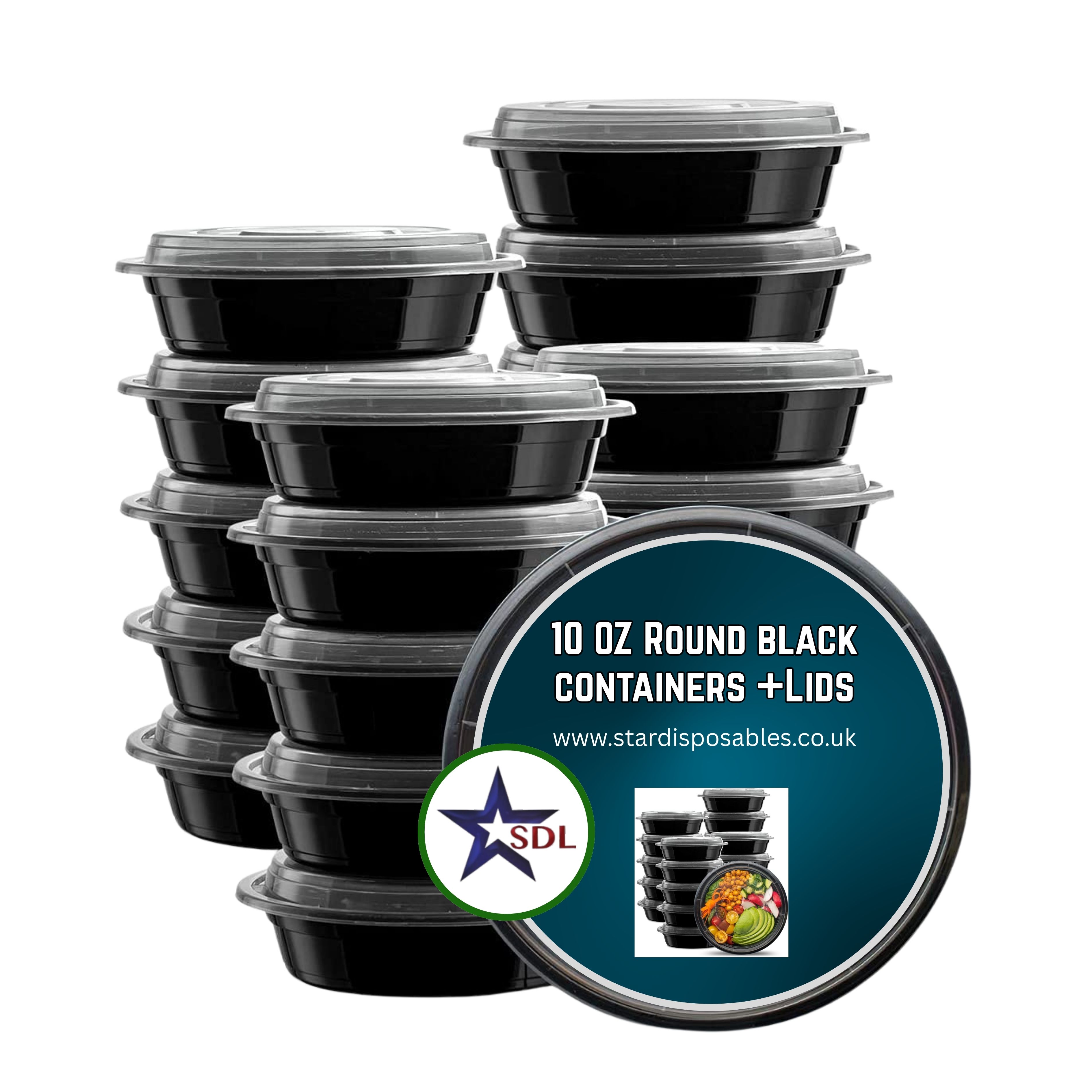 10OZ ROUND BLACK CONTAINERS+LIDS