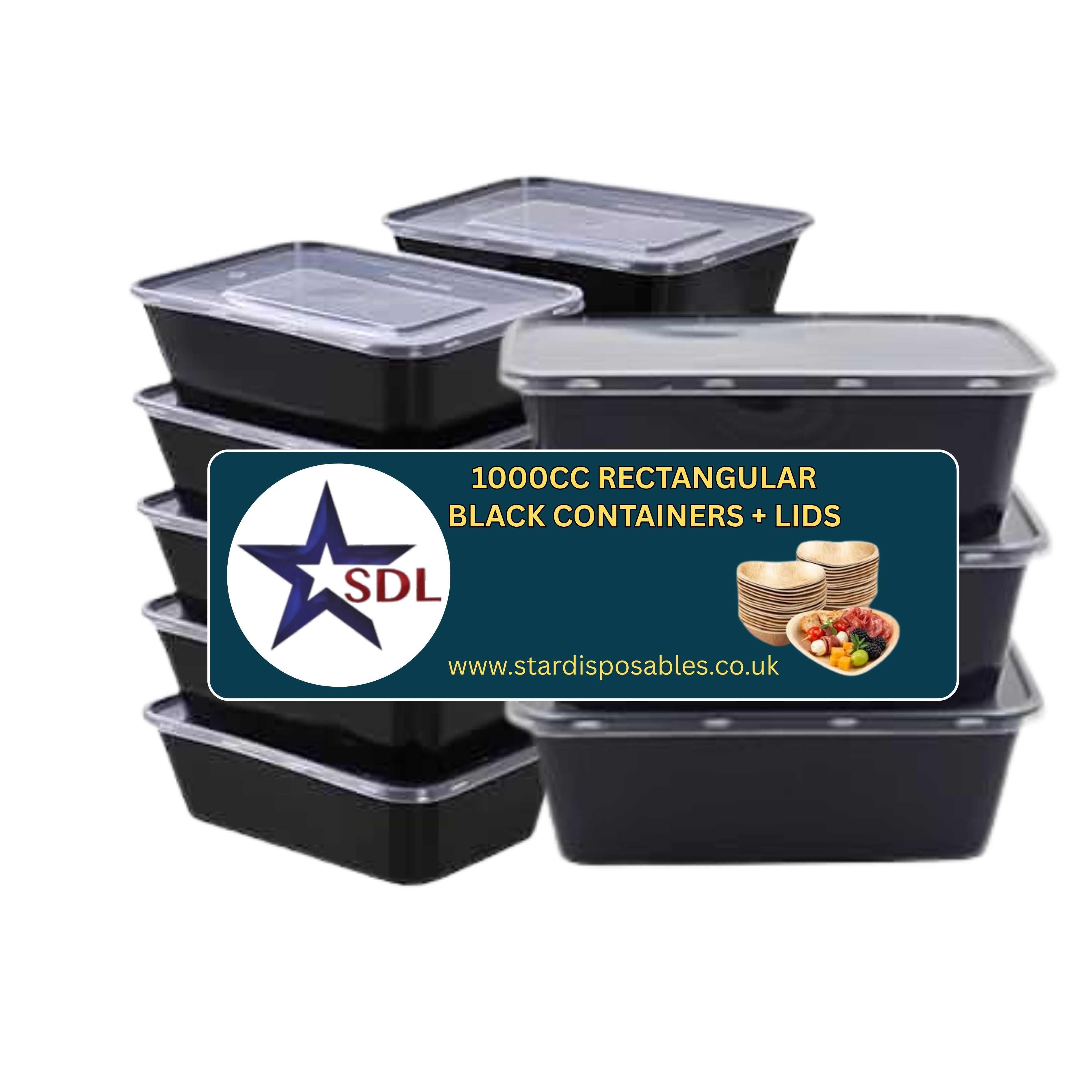 1000CC RECTANGULAR BLACK CONTAINERS+LIDS